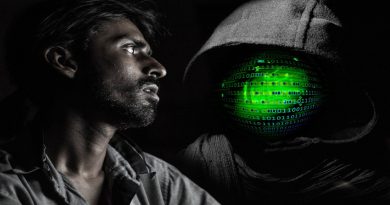 man looking at hooded face full of code