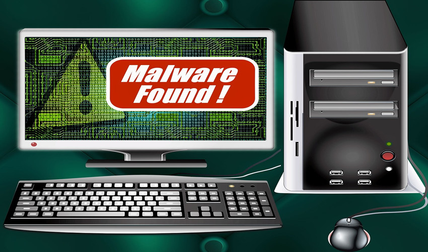 Computer screen with 'malware found' warning displayed