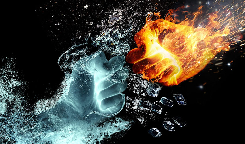 ice and fire 'hands' colliding
