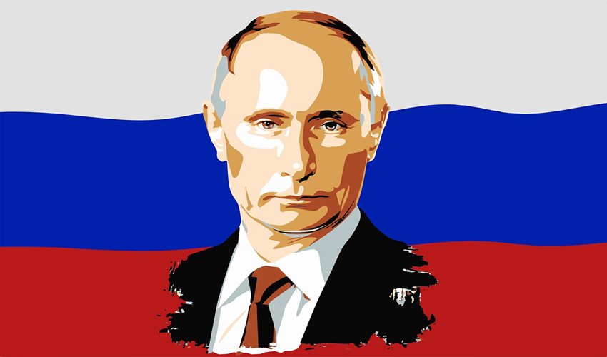 President Putin against a Russian flag backdrop