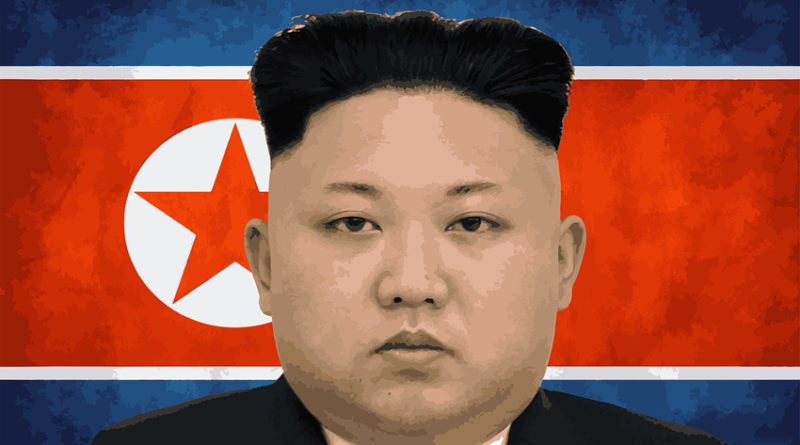 Kim Jong against North Korean flag