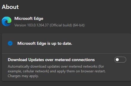 Microsoft Edge window showing version number of browser